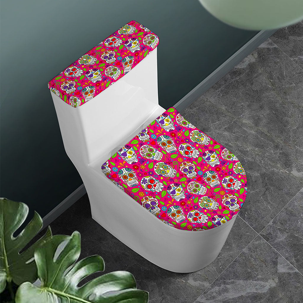 Pink Sugar Skull Pattern Print Toilet Lid And Tank Cover Set