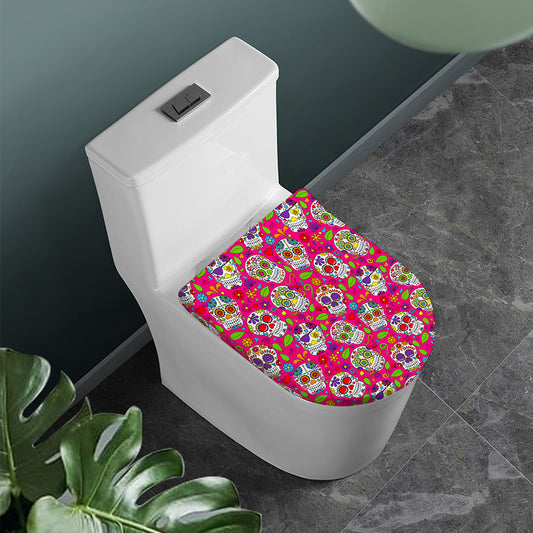 Pink Sugar Skull Pattern Print Toilet Lid Cover
