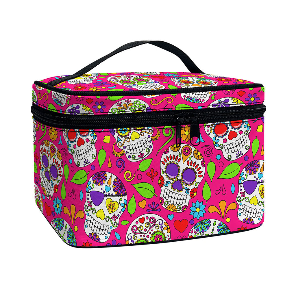 Pink Sugar Skull Pattern Print Travel Makeup Bag