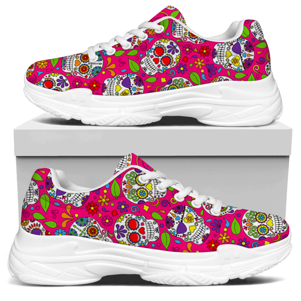 Pink Sugar Skull Pattern Print White Chunky Shoes