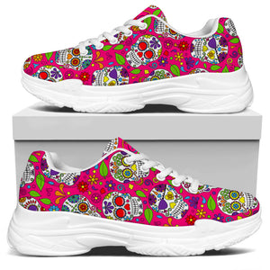 Pink Sugar Skull Pattern Print White Chunky Shoes