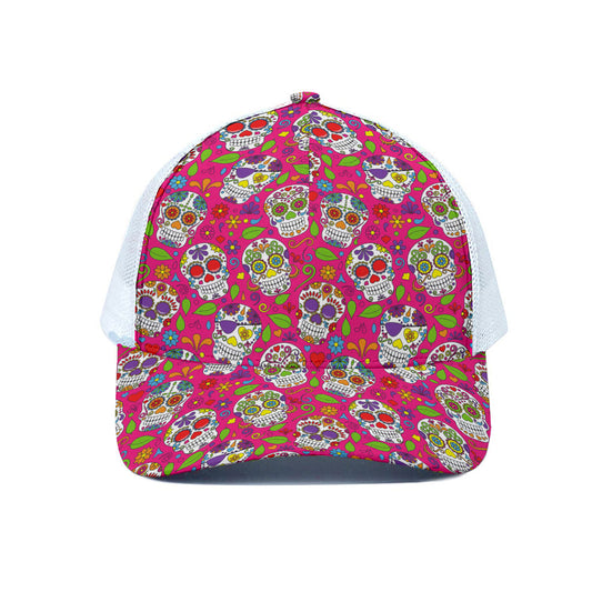 Pink Sugar Skull Pattern Print White Mesh Trucker Cap
