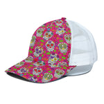 Pink Sugar Skull Pattern Print White Mesh Trucker Cap