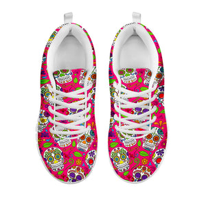 Pink Sugar Skull Pattern Print White Running Shoes