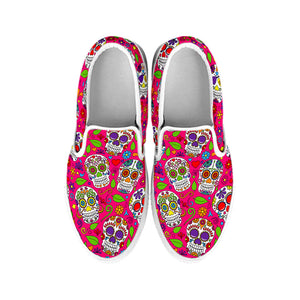 Pink Sugar Skull Pattern Print White Slip On Sneakers