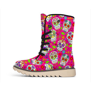 Pink Sugar Skull Pattern Print Winter Boots