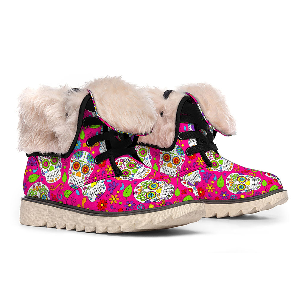 Pink Sugar Skull Pattern Print Winter Boots