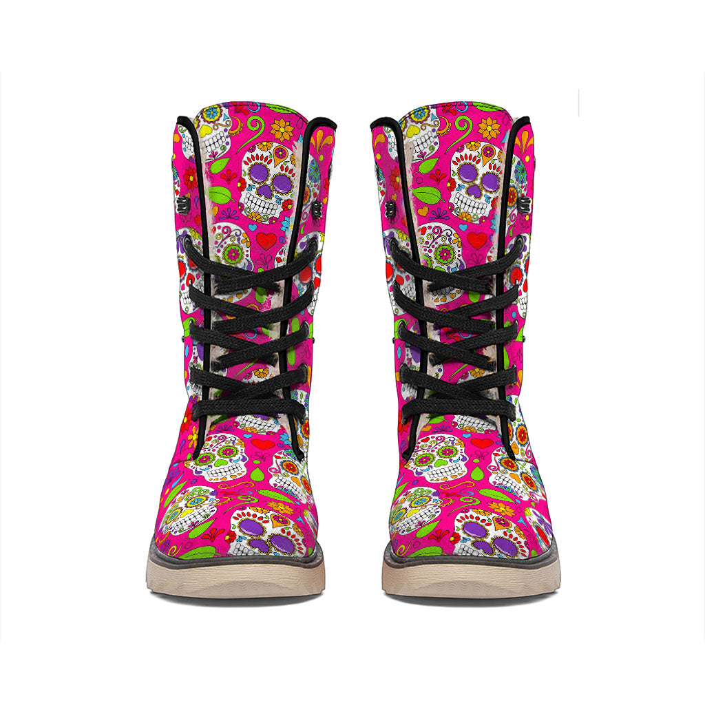 Pink Sugar Skull Pattern Print Winter Boots