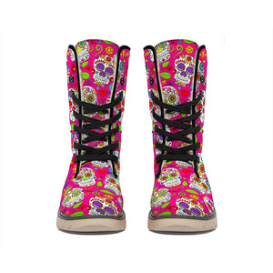 Pink Sugar Skull Pattern Print Winter Boots