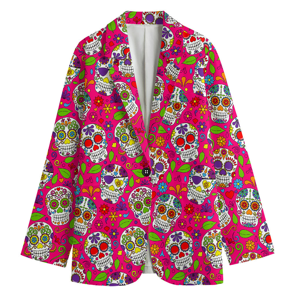 Pink Sugar Skull Pattern Print Women's Blazer
