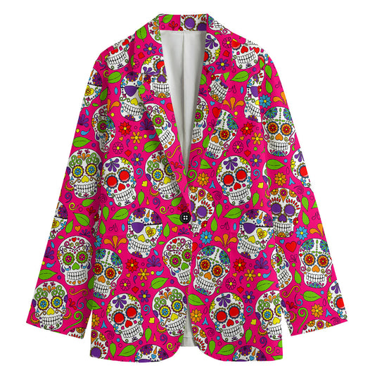 Pink Sugar Skull Pattern Print Women's Blazer