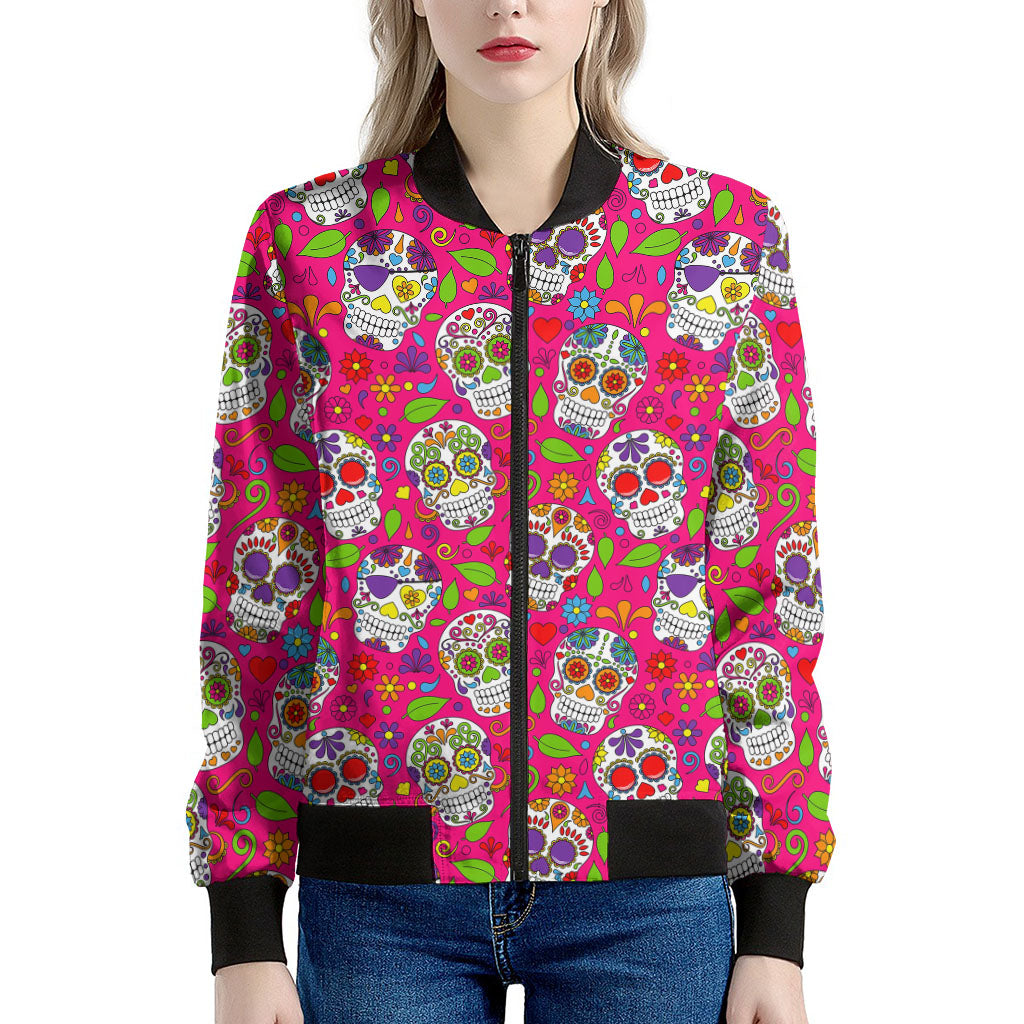 Pink Sugar Skull Pattern Print Women's Bomber Jacket