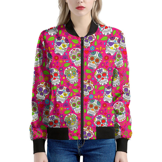 Pink Sugar Skull Pattern Print Women's Bomber Jacket