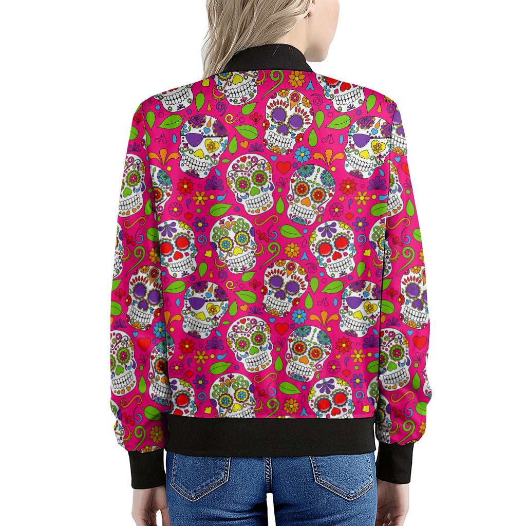 Pink Sugar Skull Pattern Print Women's Bomber Jacket