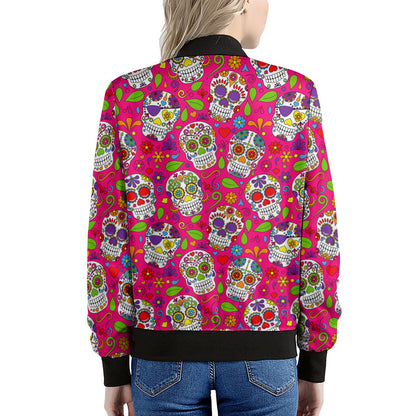 Pink Sugar Skull Pattern Print Women's Bomber Jacket
