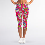 Pink Sugar Skull Pattern Print Women's Capri Leggings
