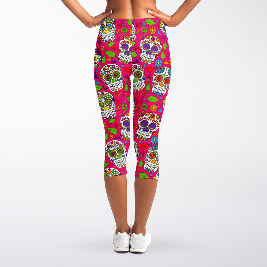 Pink Sugar Skull Pattern Print Women's Capri Leggings