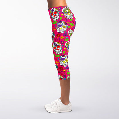 Pink Sugar Skull Pattern Print Women's Capri Leggings