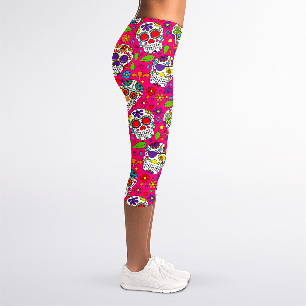Pink Sugar Skull Pattern Print Women's Capri Leggings