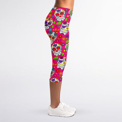Pink Sugar Skull Pattern Print Women's Capri Leggings