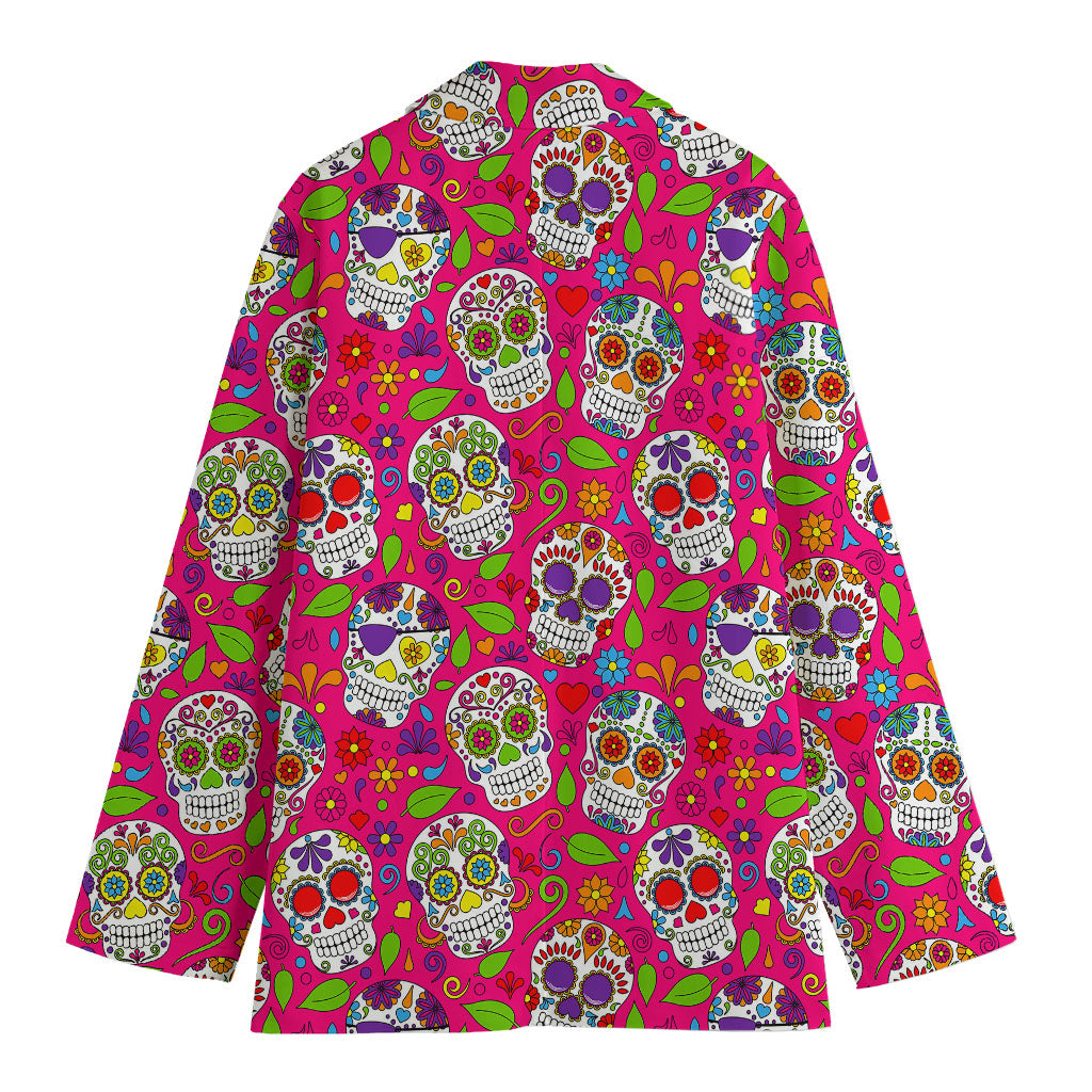 Pink Sugar Skull Pattern Print Women's Cotton Blazer