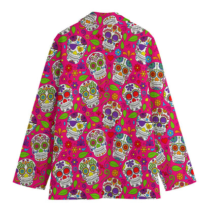 Pink Sugar Skull Pattern Print Women's Cotton Blazer