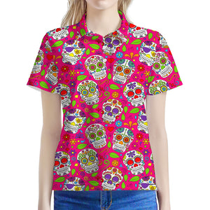 Pink Sugar Skull Pattern Print Women's Polo Shirt