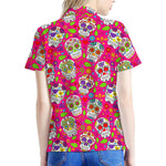 Pink Sugar Skull Pattern Print Women's Polo Shirt