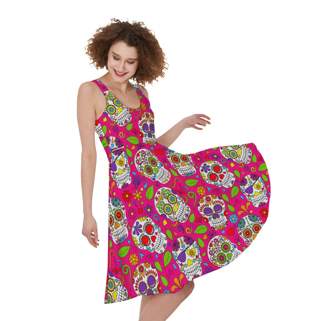 Pink Sugar Skull Pattern Print Women's Sleeveless Dress