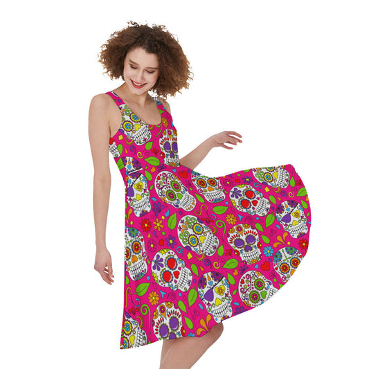 Pink Sugar Skull Pattern Print Women's Sleeveless Dress