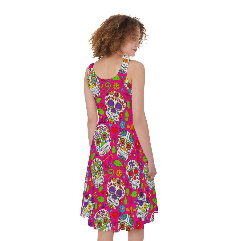 Pink Sugar Skull Pattern Print Women's Sleeveless Dress