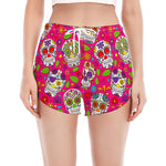 Pink Sugar Skull Pattern Print Women's Split Running Shorts