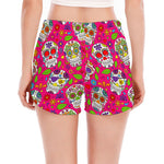 Pink Sugar Skull Pattern Print Women's Split Running Shorts