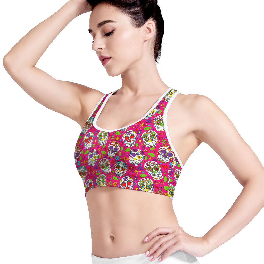 Pink Sugar Skull Pattern Print Women's Sports Bra