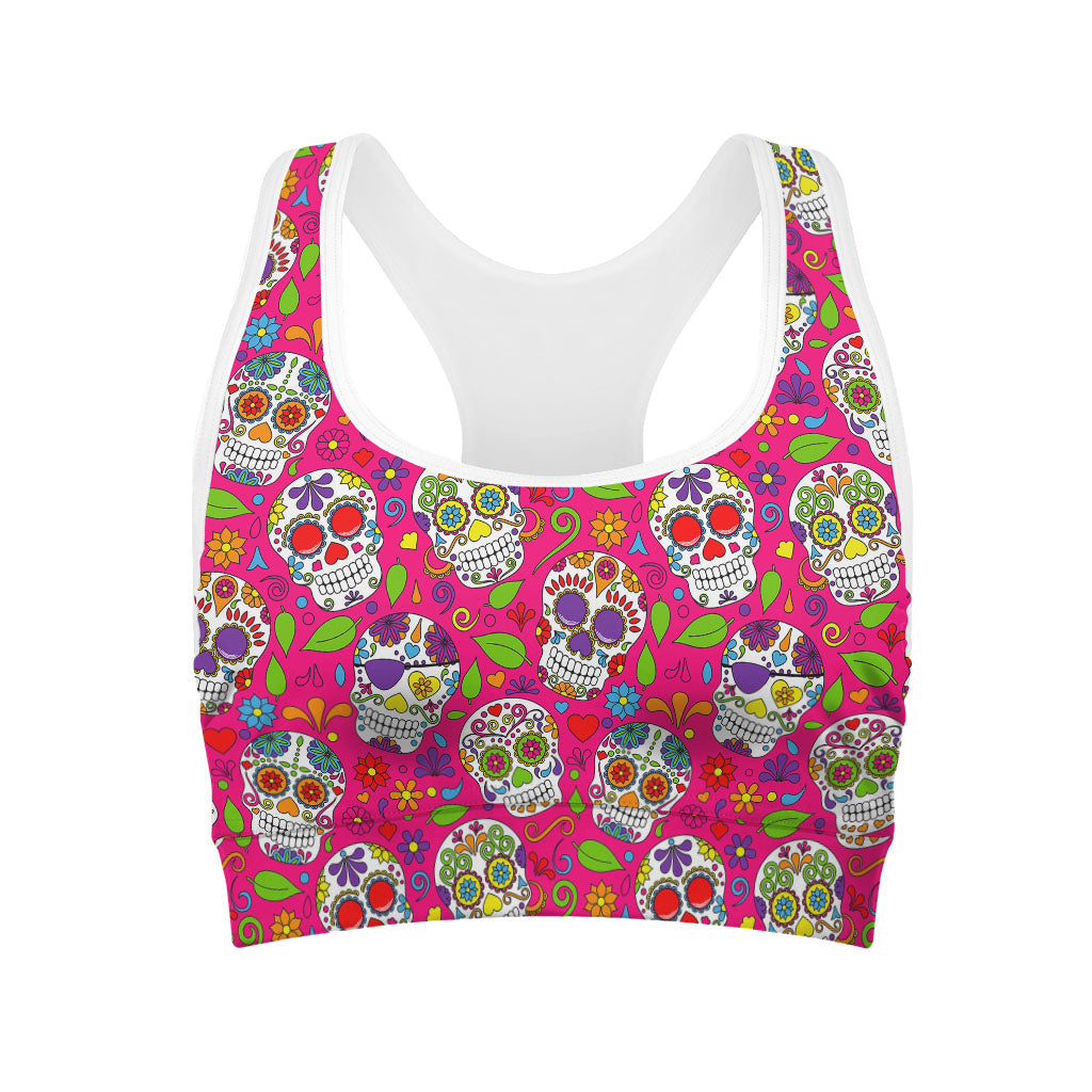 Pink Sugar Skull Pattern Print Women's Sports Bra