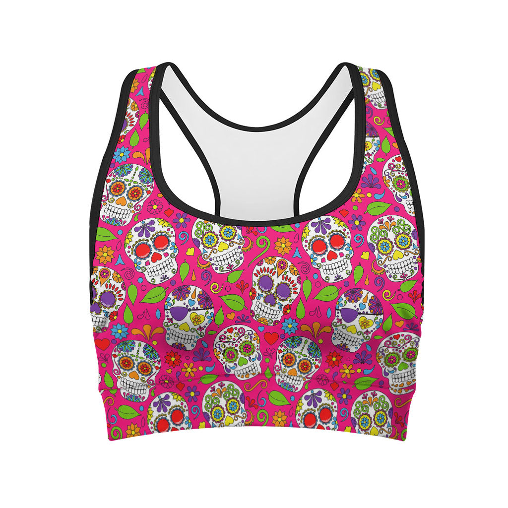 Pink Sugar Skull Pattern Print Women's Sports Bra