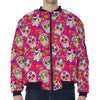 Pink Sugar Skull Pattern Print Zip Sleeve Bomber Jacket
