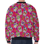 Pink Sugar Skull Pattern Print Zip Sleeve Bomber Jacket