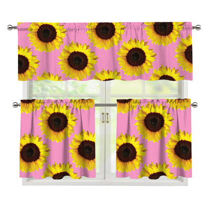 Pink Sunflower Pattern Print 3 Piece Kitchen Curtains