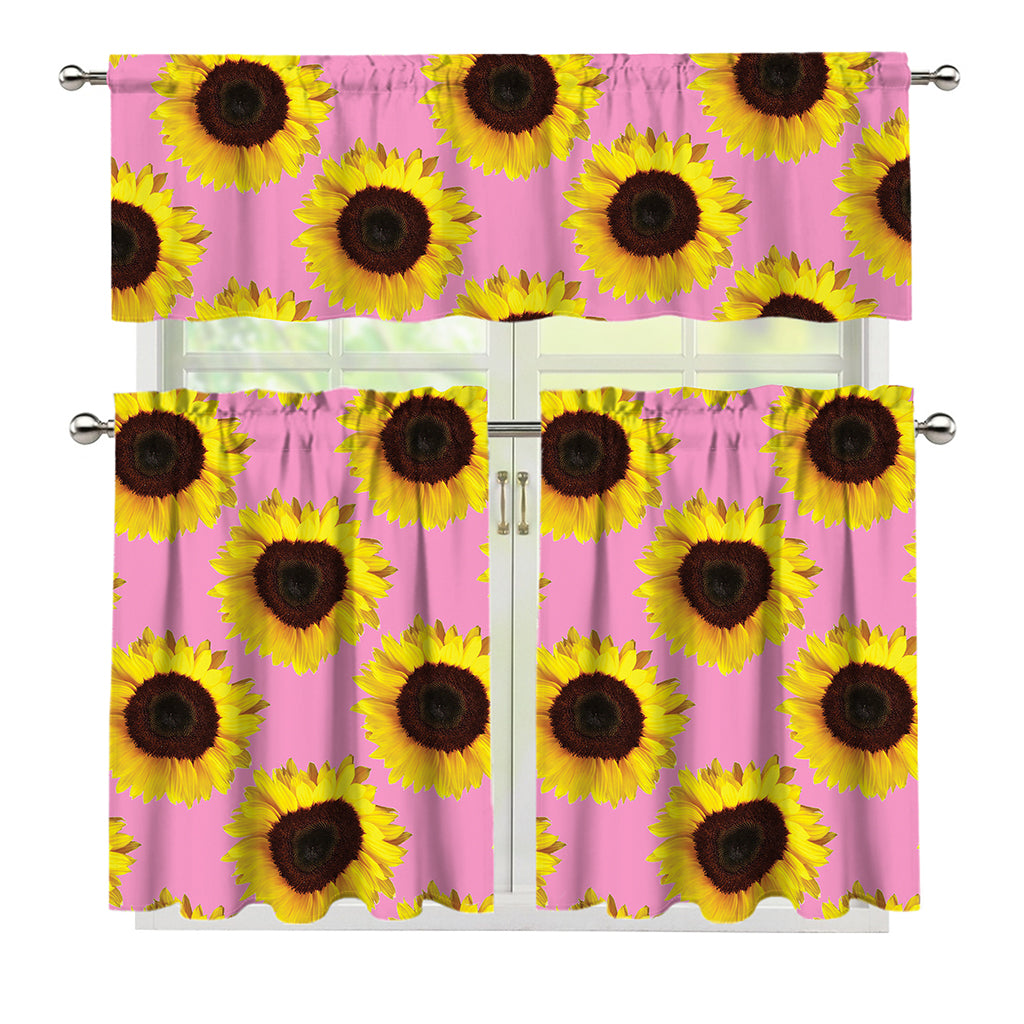 Pink Sunflower Pattern Print 3 Piece Kitchen Curtains