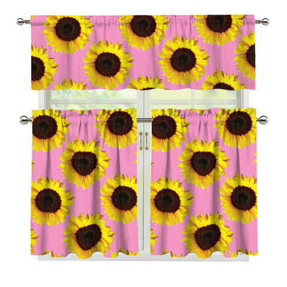 Pink Sunflower Pattern Print 3 Piece Kitchen Curtains