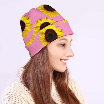 Pink Sunflower Pattern Print Beanie