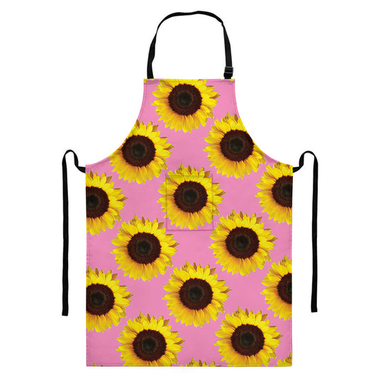 Pink Sunflower Pattern Print Bib Apron With Pocket