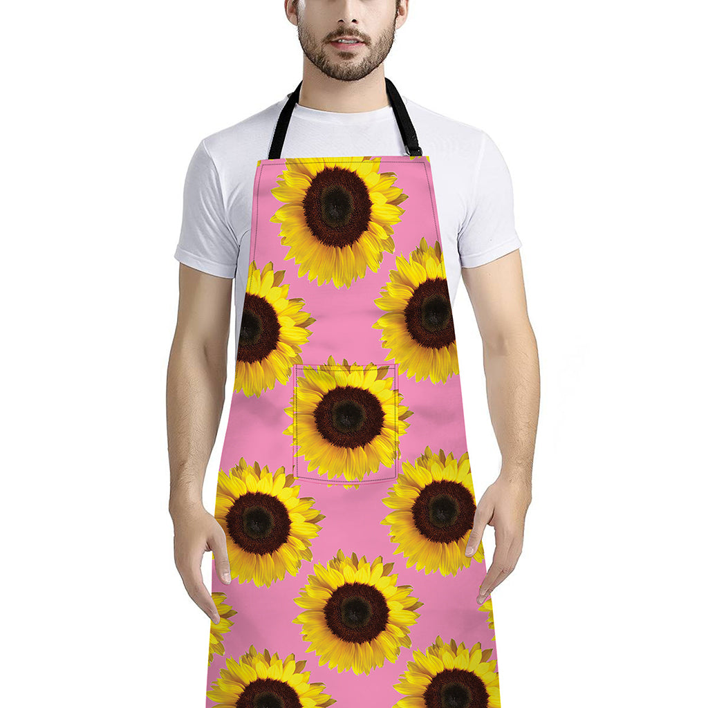 Pink Sunflower Pattern Print Bib Apron With Pocket