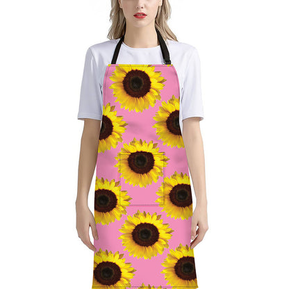 Pink Sunflower Pattern Print Bib Apron With Pocket