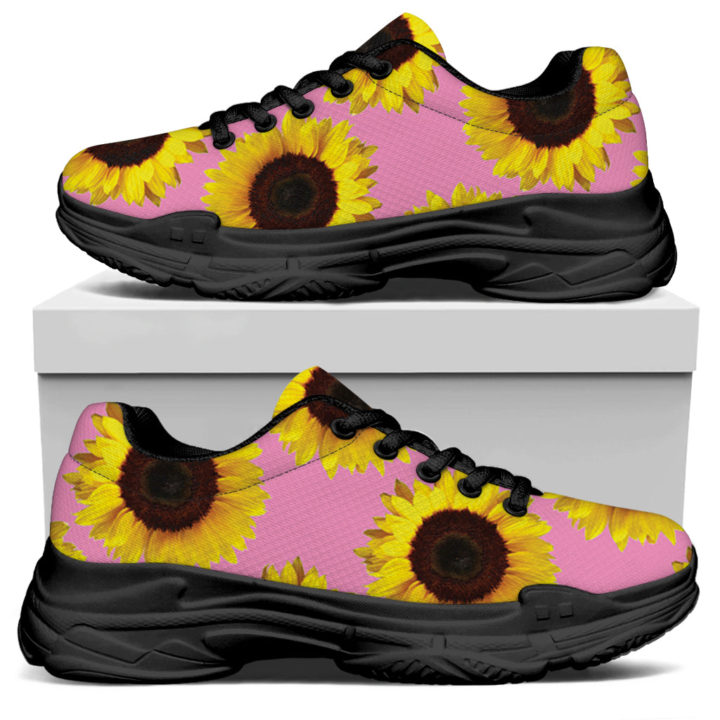 Pink Sunflower Pattern Print Black Chunky Shoes