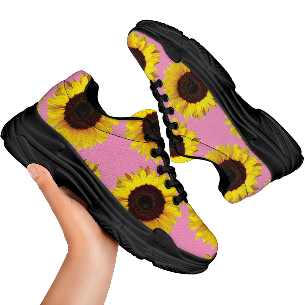 Pink Sunflower Pattern Print Black Chunky Shoes