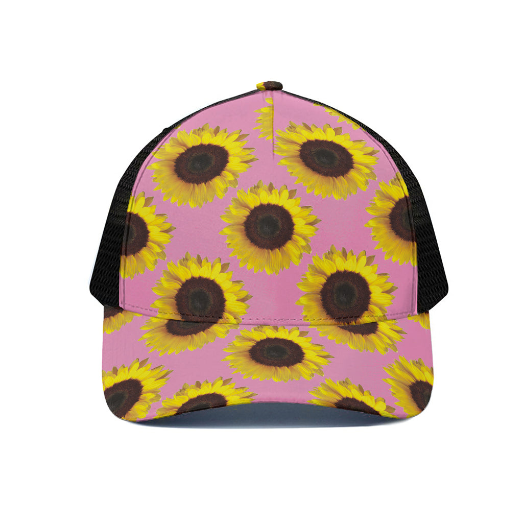 Pink Sunflower Pattern Print Black Mesh Trucker Cap
