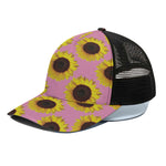 Pink Sunflower Pattern Print Black Mesh Trucker Cap