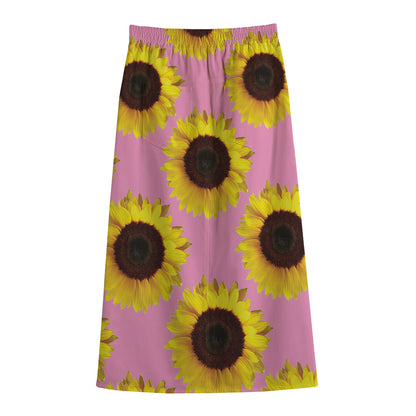 Pink Sunflower Pattern Print Cotton Front Slit Maxi Skirt